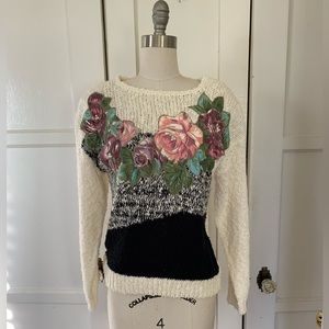 Vintage Knit Sweater with Floral Appliqué & Pearl Details